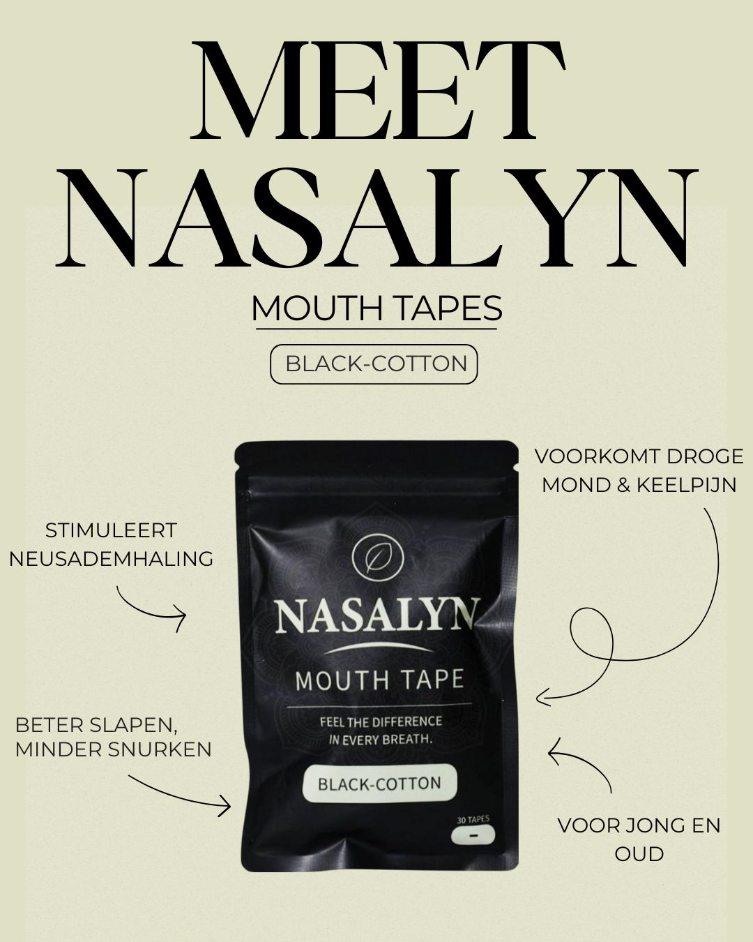 Nasalyn Zwarte Katoenen Mondtape - 30 stuks