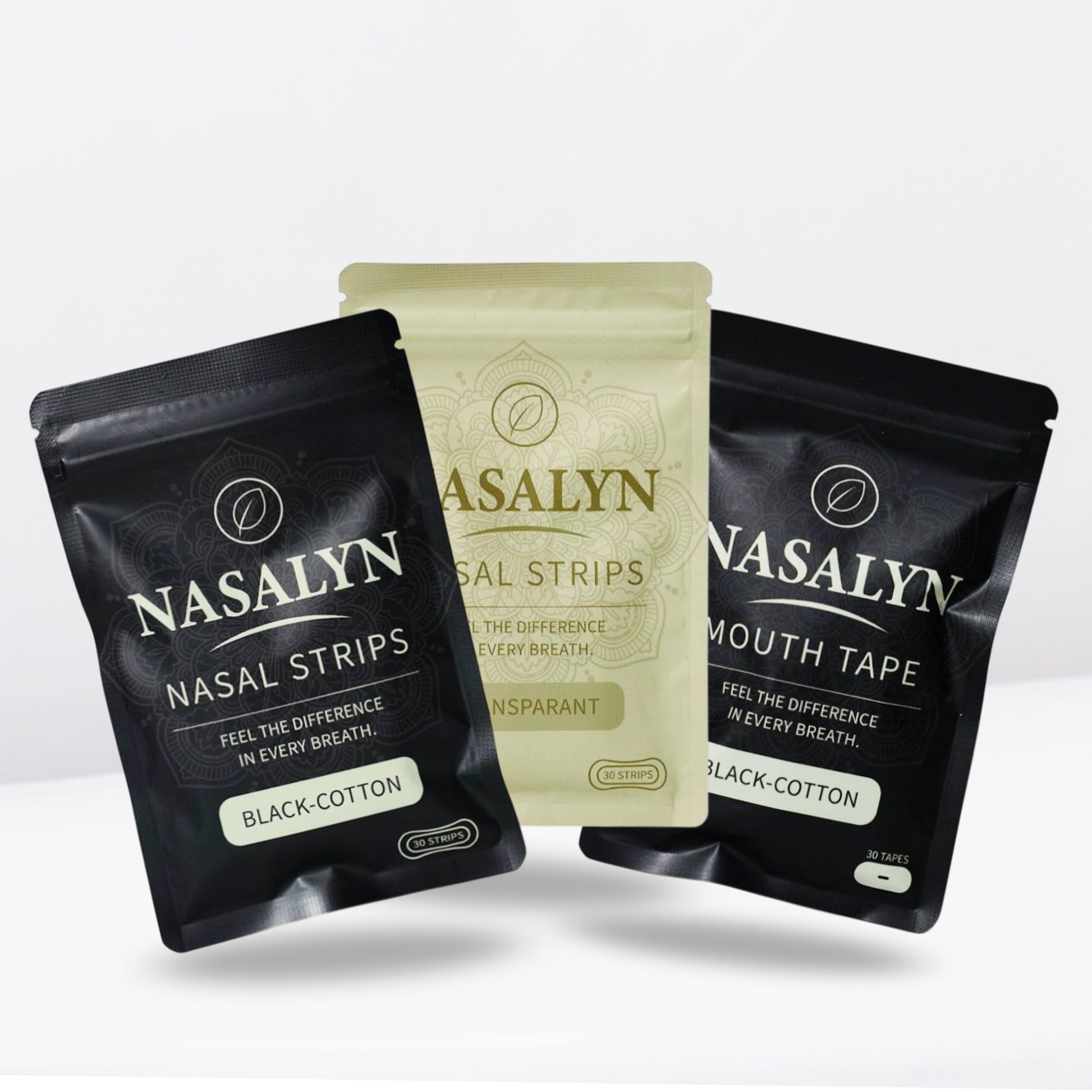 Transparante neusstrips + Zwarte katoenen neusstrips + Zwarte katoenen mondtapes - 90 stuks
